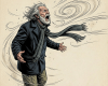 Elderly man with grey hair and beard shouting on rocky coast by stormy sea