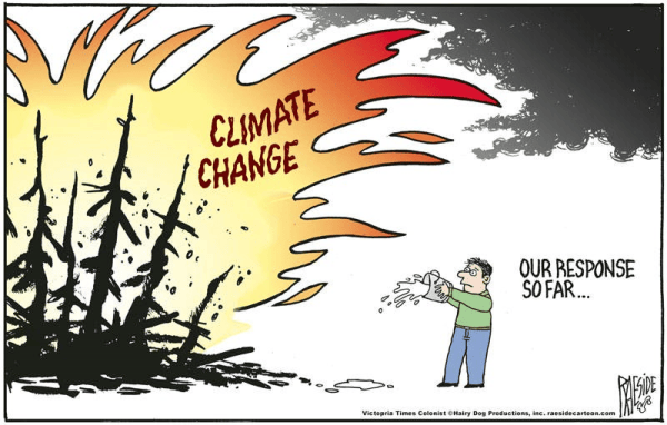 A cartoon depicting the threat of climate change represented by flames with the text 'CLIMATE CHANGE' and a person trying to extinguish the fire with a small cup of water, labeled 'OUR RESPONSE SO FAR...'.